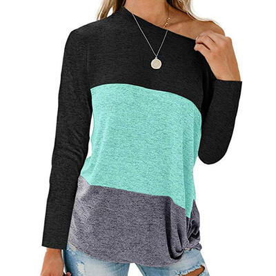 

Women Casual Long Sleeve Skew Collar T-shirt Loose Splicing Color Tops
