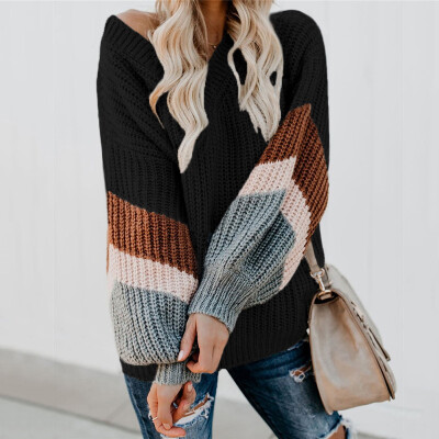 

2019 Womens V Neck Long Sleeve Striped Knitted Chunky Pullover Sweater