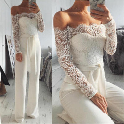 

Womens Off Shoulder Lace Long Sleeve Bodycon Romper Playsuit Casual Jumpsuit