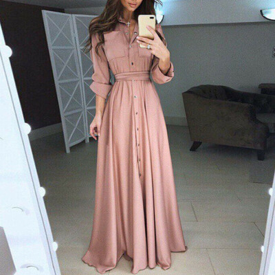 

Women Boho Long Sleeve Button Dowm Maxi Dress Evening Party Beach Bodycon Casual Shirt Dress