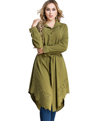 

Women Plus Size Shirt Dress Burning Flowers Hollow Out Irregular Hem Belted Casual Tunic Long Blouse Top