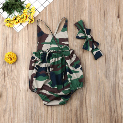 

Toddler Baby Girl Summer Casual Camouflage Sling Romper Headband Outfit Bodysuit