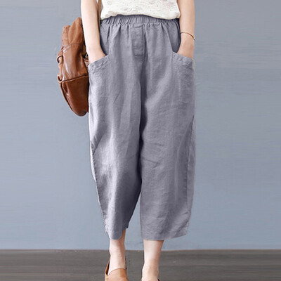 

Women Solid High Waist Cotton And Linen Long Pants Casual Beach Trousers