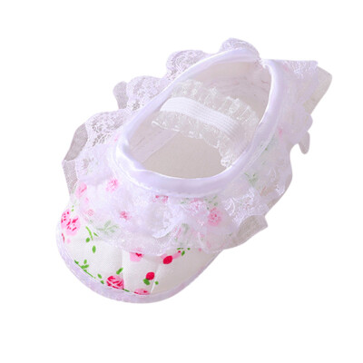 

Newborn Baby Girl Soft Shoes Soled Lace Floral Printed Footwear Crib Shoes