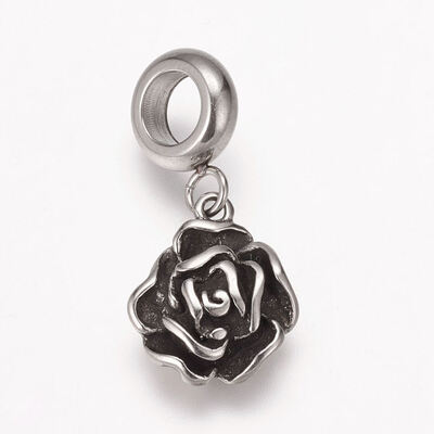 

304 Stainless Steel European Dangle Beads Large Hole Pendants Rose Flower Antique Silver 24mm Hole 5mm Pendant 14x12x4mm