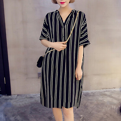

Plus Size Loose  Striped Dress Women V Neck 2018 Fashion Short Sleeve Print Stripe Dress Beach Cotton Femme Vestidos
