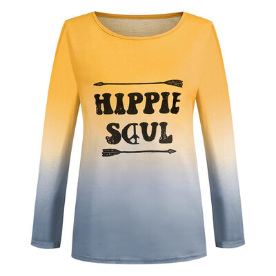

Women Loose Round Collar Summer Rainbow Casual Gradient Letter Print Loose Long Sleeve Casual Simple Wild T-Shirt