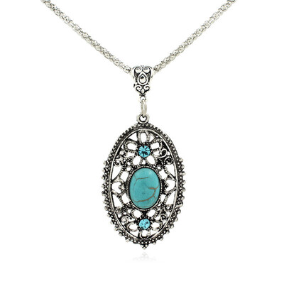 

Women Fashion Vintage Retro Beautiful Turquoise Hollow Crystal Inlay Pendant Tibetan Silver Necklace