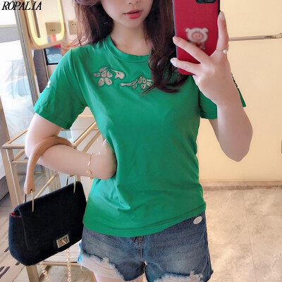 

Womens Round Neck Mesh Floral Embroidery Short Sleeve Hollow Out Slim Basic T-Shirt