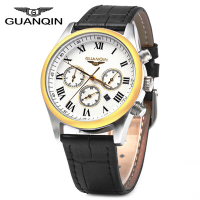 

GUANQIN Men Leather Band Calendar Quartz Watch 10ATM Water Resistant with Three Moving Sub-dials