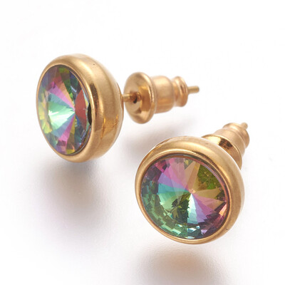 

304 Stainless Steel Ear Studs with Cubic Zirconia Flat Round Golden Colorful 10x17mm Pin 07mm