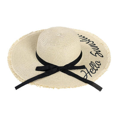 

Letter Embroidered Bowknot Large Brim Straw Cap Women Beach Visor Sun Hat