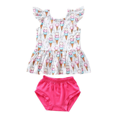 

Summer Baby Girl Casual Flare Sleeve Cotton Tops Ice-cream Vest Briefs Shorts Outfits Set Beach Dress Clothes