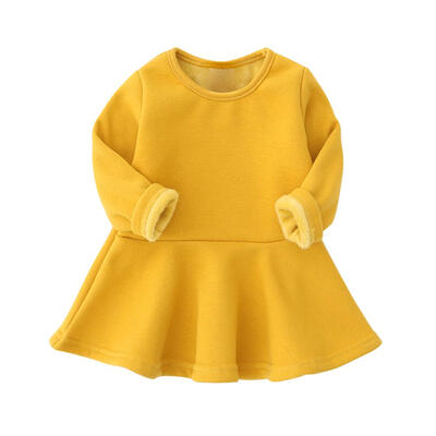 

Baby Girls Round Neck Solid Long Sleeve Fleece Pleated Dress Kids Clothes