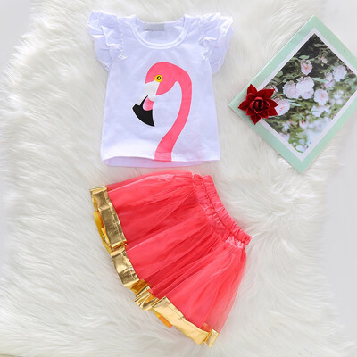

1258 Girls Flame Bird Print T-shirt Mesh Gold Webbing Skirt Suit