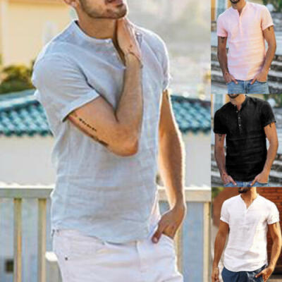 

Mens Linen Short Sleeve Solid Shirts Casual Loose Dress Soft Tops Blouse Tee UK