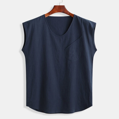 

Toponeto Mens Baggy Cotton Linen Solid Pocket Sleeveless O-Neck Vest Tank Tops Blouses