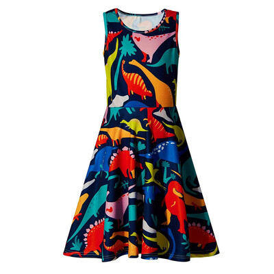 

Youth Teen Kids Girl Sleeveless Cartoon Dinosaur Dress Party Sundress Clothes