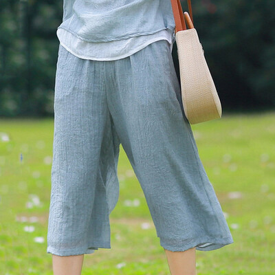 

Tailored Women Solid Cotton And Linen Pockets Casual Vintage Wide Leg Calf-Length Pants