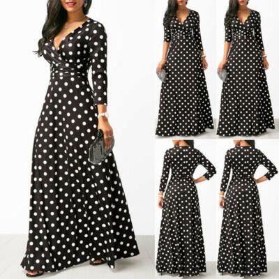 

US Women Boho Long Maxi Dress Polka Dot V Neck Casual Formal Party Evening Dress