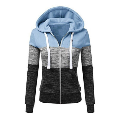 

Women Hooded Plus Size Autumn Winter Warm Casual Zipper Three-Color Stitching Slim Long-Sleeved Tops