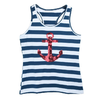 

New Fashion Women Tank Top Sequin Anchor Striped Pattern Sleeveless Vest Blouse Casual T-Shirt