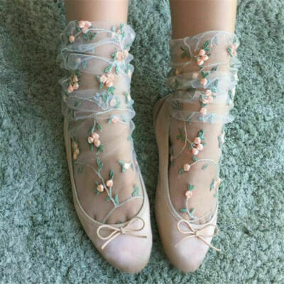 

USA Stock Womens Sweet Fresh Mesh Floral Embroidered Thin Ankle Socks Hosiery