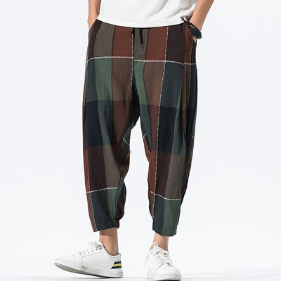 

Gobestart Mens Casual Vintage Loose Cotton Linen Plaid Patchwork Ankle-Length Pant