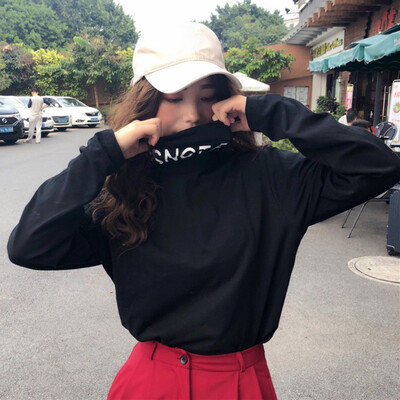 

New Women outerwear Tops Autumn Women High Tall Collar Long Sleeve Letter Printed T-shirt knitted Bottoming Shirt