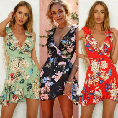 

Womens Boho Floral Chiffon Summer Party Evening Beach Short Mini Dress Sundress