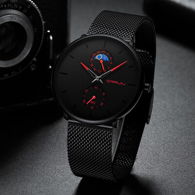 

〖Follure〗Mens Simple Casual Quartz Watch Waterproof Black Stainless Steel Mesh Strap