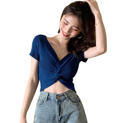 

Women V Neck Solid Slim Knitted Crop Top Pullover Crisscross Shirt