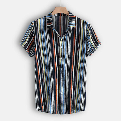 

Toponeto Fashion Mens Casual Button Hawaii Striped Print Beach Short Sleeve Top Blouse