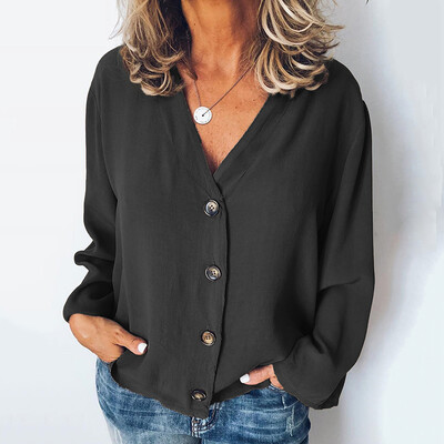 

Womens Long Sleeve Tops V-neck Blouse Loose Buttons T-shirt Button Down Shirts