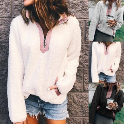 

Women Winter Plush Blouse Sweater Tops Casual Long Sleeve Fluffy Pullover Shirt -XL