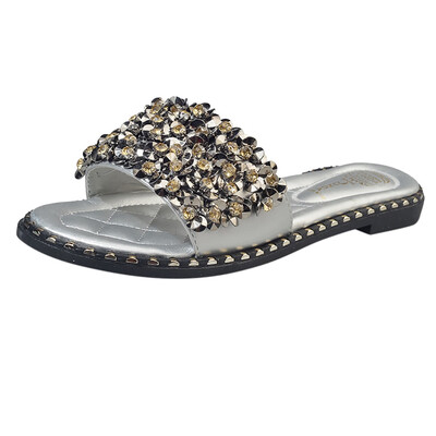 

Rose Womens Word Shiny Rhinestone Slippers Beach Shoes Flat Non-Slip Sandals