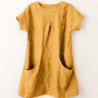 

Starmoon Women Casual Solid Round Neck Short Sleeve Linen Loose Pocket Tops Blouse Shirt