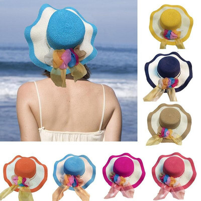 

New Summer Women Girl Straw Hat Wide Wave Brim Colorful Ribbon Floppy Foldable Sun Beach Hat