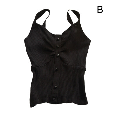 

Fashion Temperament Camisole V-neck Knit Solid Color Sling Back Button Decoration Sexy Womens Camisole