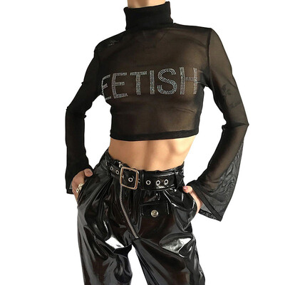 

Black Sexy Perspective High Collar Pattern Mesh Leaking Navel Womens T-shirt
