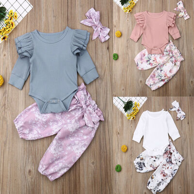 

3PCS Newborn Toddler Kid Baby Girls Floral Romper Tops Pants Outfits Set Clothes