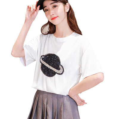 

Korean Cosy Summer T shirt Woman Spring O Neck T-Shirt Sequined Cartoon Planet Print Short Sleeve Loose Tshirt Women harajuku
