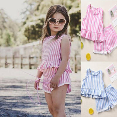 

2PC Sets Toddler Infant Baby Girl Holiday Summer Stripe Top Short Outfit Clothes