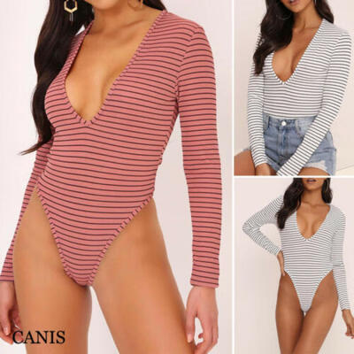 

UK Women Sexy Long Sleeve Bodysuit V Neck Tops Leotard Jumpsuit Bodycon Romper