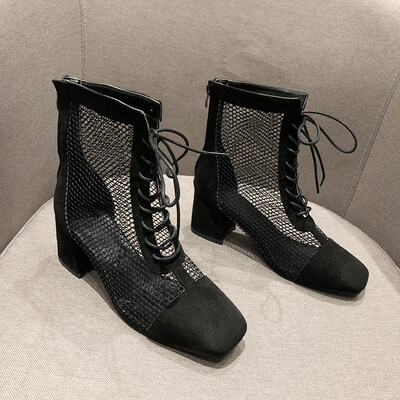 

Autumn hollow air-permeable thin boots thick heels high heels tie-up Martin boots&boots