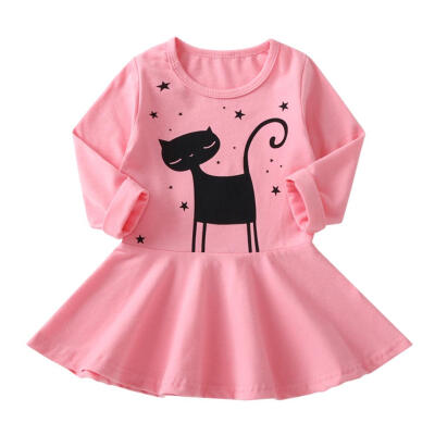 

Autumn Cute Cat Print Long Sleeve Soft Princess Dresses Kids Girls Clothes