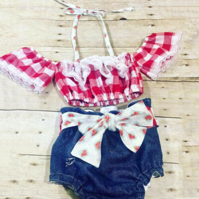 

Toddler Baby Girl Lace Plaid Tops Crop Denim Shorts Casual Outfits Set Clothes
