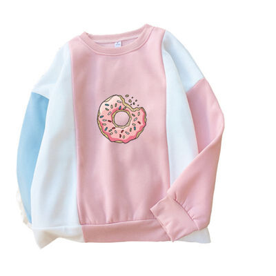 

Hoody Women Korean Style Donut Print O-Neck Color Patchwork Long Seleve Fashion Trend Plus Size Blue Pink Womens Sweatshirt