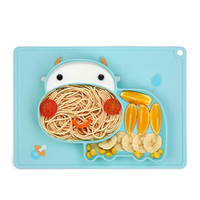 

One-piece Silicone Placemat Cartoon Hippo-shaped Heat-resistant Baby Food Plate Mat with 3 Separated Placement for Toodlers Kids
