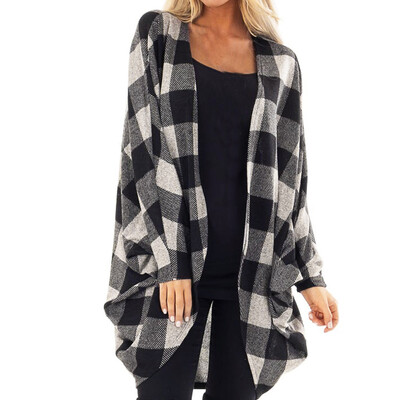 

Toponeto Womens Fashion Lattice Autumn Winter Long Sleeve Bats Sleeves Fashion Long Coat